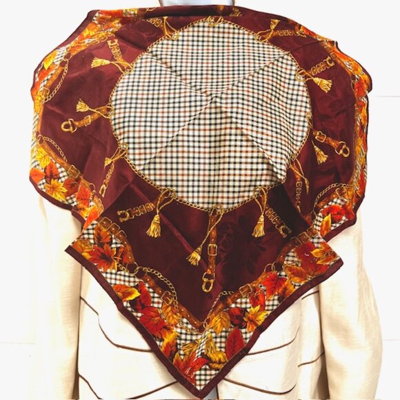 New DAKS Bandana/ Scarf Silk/Cotton 23" Burgendy  black Check Automn leaves (39) - Picture 2 of 7